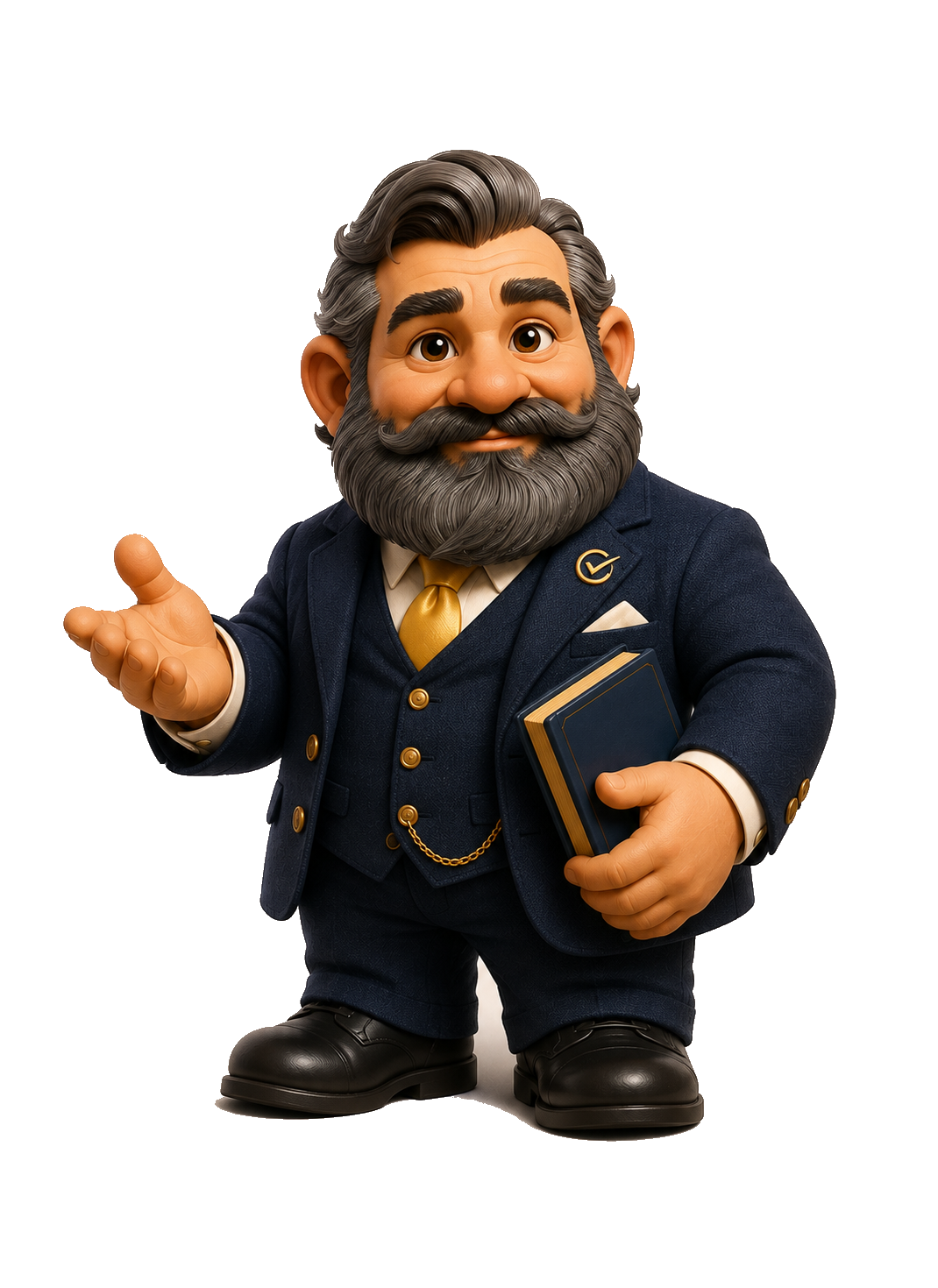 A friendly dwarf bookkeeper in a navy suit holding a ledger